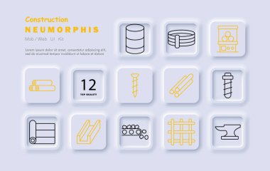 Yapılandırma simgesi. Metal varil, kemer, çimento karıştırıcı, ahşap kütükler, kalite güvencesi, vida, çelik borular, inşaat bandı, demir çubuk, taşıyıcı, metal ızgara, örs,.