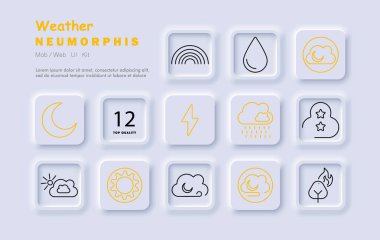 Hava durumu simgesi. Gökkuşağı, yağmur damlası, hilal ay, bulut, şimşek, güneş, yağmur, yıldızlar, fırtına, hava durumu, bulutlu gece, gün batımı