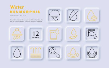 Su seti simgesi. Musluk, bir bardak su, damlacık, kıtlık, filtre, yönetim, musluk, koruma, akış, temiz su