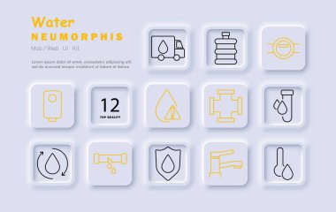 Su seti simgesi. Su kamyonu, konteynır, boru hattı, sızıntı, su döngüsü, musluk, dikkat, tesisat, güvenlik, su sistemi