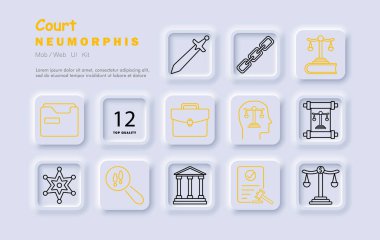 Mahkeme simgesi. Kılıç, zincir, adalet terazisi, evrak çantası, mahkeme salonu, tokmak, hukuk, adalet, şerif rozeti, sözleşme, soruşturma, kanıt