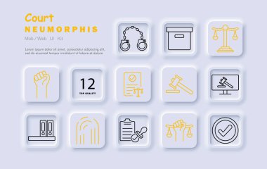 Mahkeme simgesi. Kelepçe, belge, adalet terazisi, tokmak, parmak izi, yasal dosyalar, kontrol listesi, karar, hukuk, otorite, çevrimiçi mahkeme