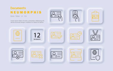 Belgeler simgeyi ayarladı. Kimlik kartı, pasaport, doğrulama, başvuru formu, belge kontrolü, dijital kimlik, kişisel bilgi, son kullanma tarihi, ret, onay, güvenlik