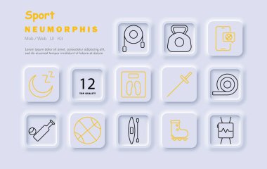 Spor seti simgesi. Uyu, ip atla, kettlebell, mobil uygulama, eskrim, mezura, kriket, kano, paten, kalp monitörü, fitness, izleme