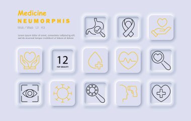 Tıp seti simgesi. Kalp, kan bağışı, virüs, sağlık kontrolü, termometre, sağlık, sağlık, kurdele, muayene, teşhis, hastane, el dezenfektanı