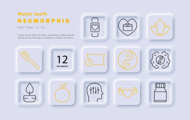 Ruh sağlığı seti ikonu. Diş fırçası, akıllı bakımı, kalp bakımı, yastık, yin-yang, zen, yoga, zihin kontrolü, güç, vitamin, sağlık, meditasyon