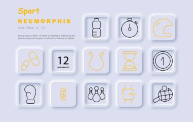 Spor seti simgesi. Kapsüller, su şişesi, kronometre, kask, ip atlama, kum saati, bowling eldiveni, enerji içeceği, performans takibi, zamanlayıcı.