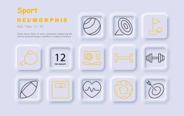 Spor seti simgesi. Masa tenisi, futbol topu, gol, golf, halter, bahis, halter, ölçek, fitness, kalp atış hızı, hedef, futbol, antrenman