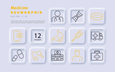 Tıp seti simgesi. Mobil sağlık uygulaması, doktor, DNA, hap, termometre, ambulans, diş, hastane, hemşire, tıbbi bavul, sindirim sağlığı