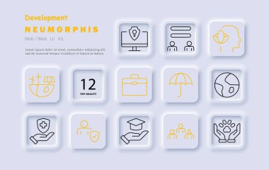 Geliştirme simgesi. Yel değirmeni, mahremiyet, zihinsel sağlık, küresel koruma, evrak çantası, şemsiye, eğitim, takım çalışması, bilgi, koruma, sürdürülebilirlik, liderlik