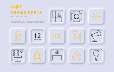 Işık ayarlı simge. Kamp ateşi, çakmak, spot ışığı, el feneri, güneş, duvar lambası, masa lambası, mum, ateş, ışık, aydınlatma, elektrik lambası.