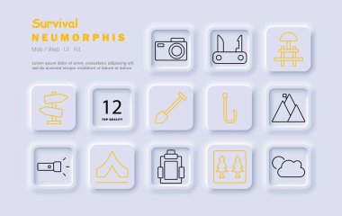 Hayatta kalma simgesi. Kamera, çoklu araç, piknik masası, yürüyüş, balıkçı kancası, çadır, kürek, ağaçlar, el feneri, sırt çantası, bulut, açık hava ekipmanı