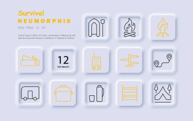 Hayatta kalma simgesi. Çakı, kano, kamp ateşi, radyo, işaret direği, yol haritası, karavan, kap, su şişesi, raf, çadır, kamp malzemeleri.