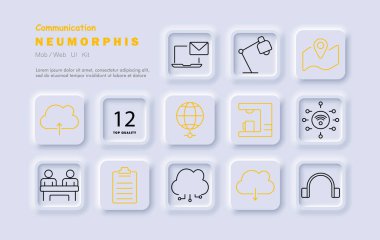 İletişim simgesi ayarlandı. Bulut yüklemesi, e-posta, masa lambası, GPS konumu, dosya, Wi-Fi, kablosuz ağ, dünya, kulaklık, video konferansı, bulut depolama