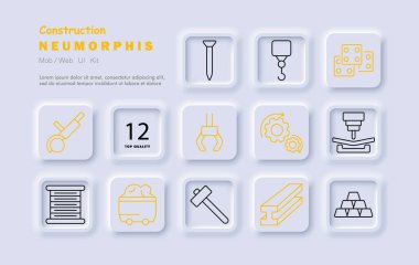 Yapılandırma simgesi. Çivi, vinç kancası, tuğla, dairesel testere, vites sistemi, metal kiriş, çöp kamyonu, çekiç, endüstriyel aletler, inşaat malzemeleri.