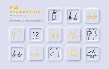 Saç seti ikonu. Saç kökleri, pH seviyesi, tedavi, sprey, kafa bakımı, büyüme, iğne, saç analizi, şampuan, kayıp, sağlık