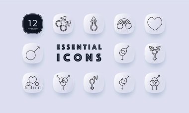 LGBTQ set icon. Male couple symbol, male gender sign, rainbow, heart, transgender symbol, couple with heart, non-binary, intersex, transgender inclusive clipart