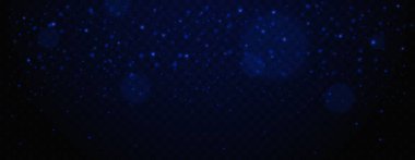 Şeffaf arkaplanda koyu mavi parlayan parçacıklar. Soyut ışıldayan toz ve parlak ışıklar, bokeh efektleri