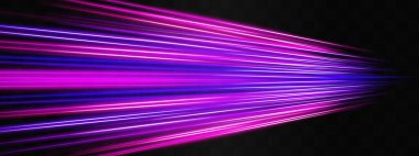 Hız etkisi. Neon çizgili ya da ışıklı. Lazer ışınları, yatay ışınlar. Parlak neon, mor ve pembe ışık çizgileri karanlık bir arkaplan boyunca uzanıyor ve dinamik bir etki yaratıyor.