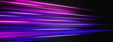 Hız etkisi. Neon çizgili ya da ışıklı. Lazer ışınları, yatay ışınlar. Parlak neon, mor ve pembe ışık çizgileri karanlık bir arkaplan boyunca uzanıyor ve dinamik bir etki yaratıyor.