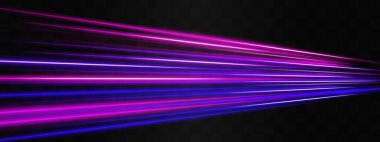 Hız etkisi. Neon çizgili ya da ışıklı. Lazer ışınları, yatay ışınlar. Parlak neon, mor ve pembe ışık çizgileri karanlık bir arkaplan boyunca uzanıyor ve dinamik bir etki yaratıyor.