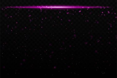 Mor ışıl ışıl ışık efekti. Karanlık bir arka planda parlak parçacıklar var. Bilim kurgu, kozmik ya da gece gökyüzü teması için ideal. Yatay ışın dinamik bir fütüristik his katıyor..