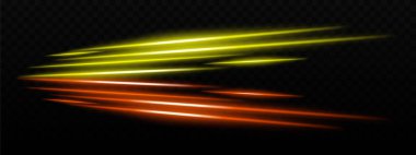 Dinamik bilim kurgu efektleri, hız veya hareket tasarımı için ideal, koyu arkaplan üzerinde canlı kırmızı ve sarı ışık çizgileri.