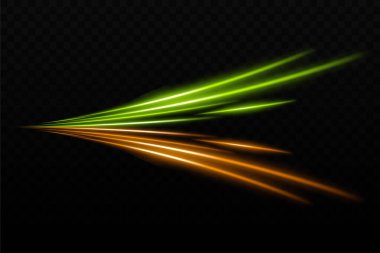 Altın ve yeşil ışık huzmesi. Keskin kıvrımlı ışın yansıması. Bilim kurgu tasarımları, ışık geçişleri, gelecekteki etkiler. Parlak ışık çizgileri, neon efektler. Dinamik parlayan duvar kağıdı arkaplanı