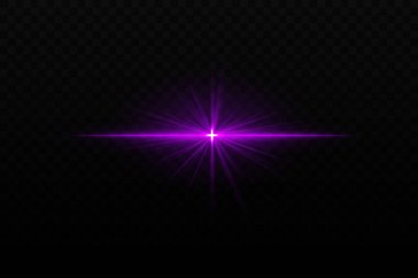 Yıldızımsı ışınlar ve yatay ışınla parlak mor bir ışık patlaması. Bilim kurgu parıltı efekti, karanlık arka planda parlayan bir odak noktası oluşturur
