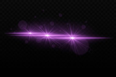 Parlak mor neon ışık ve parlak mercek efektleri. Karanlık bir arkaplanda ışıltılı ve bokeh parçacıkları olan üç odaklanmış ışık huzmesi