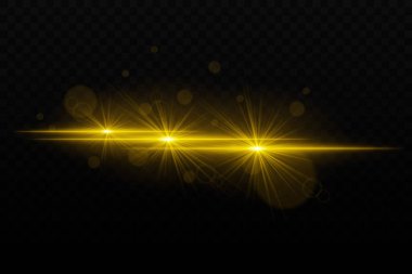 Parlak parlak neon ışığı ve parlak mercek efektleri. Karanlık bir arkaplanda ışıltılı ve bokeh parçacıkları olan üç odaklanmış ışık huzmesi