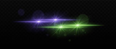 Yeşil ve turuncu ışık huzmeleri, parlak yıldız benzeri ışıltılar ve yumuşak bokeh efektleri. Karanlık bir zemin üzerinde parlak ışık ve parıltı, katmanlı bir ışık efekti oluşturur