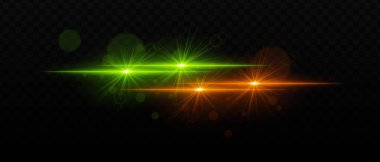 Yeşil ve turuncu ışık huzmeleri, parlak yıldız benzeri ışıltılar ve yumuşak bokeh efektleri. Karanlık bir zemin üzerinde parlak ışık ve parıltı, katmanlı bir ışık efekti oluşturur