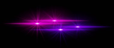 Mor ışık huzmeleri, yıldızımsı patlamalar ve ışık saçan ışıltılar. Yatay çizgiler koyu arkaplanda yoğun aydınlatma ve zıt renkler yaratır