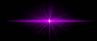 Parlak mor ışık patlaması, yıldız şeklinde ışınlar ve güçlü bir yatay ışın. Koyu bir arkaplanda yoğun bir parıltı ve aydınlanma