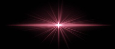 Parlak kırmızı ışık, yıldız şeklinde ışınlar ve güçlü bir yatay ışınla patladı. Koyu bir arkaplanda yoğun bir parıltı ve aydınlanma