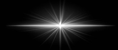 Yıldız şeklinde ışınlar ve güçlü bir yatay ışınla parlak beyaz bir ışık patlaması. Koyu bir arkaplanda yoğun bir parıltı ve aydınlanma
