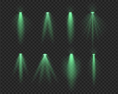 Set green realistic spotlight beams resembling overhead lamps and projector lights with soft glow and light rays on a transparent background. Ideal for highlighting and decorative effects clipart