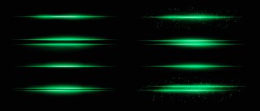 Yeşil yatay ışık demetlerinin toplanması. Parıltı, parıltı ve ince parçacık etkileri. Koyu arkaplanda parlak çizgiler ve ışıltı, vurgulama ve yoğunluk eklemek için ideal