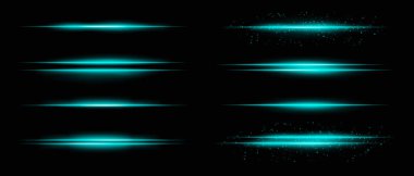 Mavi yatay ışık demetlerinin toplanması. Parıltı, parıltı ve ince parçacık etkileri. Koyu arkaplanda parlak çizgiler ve ışıltı, vurgulama ve yoğunluk eklemek için ideal