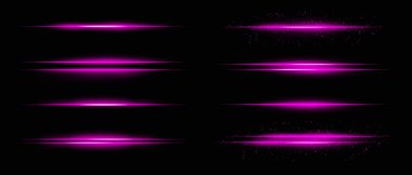 Mor yatay ışık demetlerinin toplanması. Parıltı, parıltı ve ince parçacık etkileri. Koyu arkaplanda parlak çizgiler ve ışıltı, vurgulama ve yoğunluk eklemek için ideal