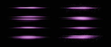 Mor yatay ışık demetlerinin toplanması. Parıltı, parıltı ve ince parçacık etkileri. Koyu arkaplanda parlak çizgiler ve ışıltı, vurgulama ve yoğunluk eklemek için ideal
