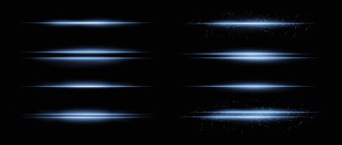 Mavi yatay ışık demetlerinin toplanması. Parıltı, parıltı ve ince parçacık etkileri. Koyu arkaplanda parlak çizgiler ve ışıltı, vurgulama ve yoğunluk eklemek için ideal