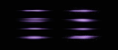 Mor yatay ışık demetlerinin toplanması. Parıltı, parıltı ve ince parçacık etkileri. Koyu arkaplanda parlak çizgiler ve ışıltı, vurgulama ve yoğunluk eklemek için ideal