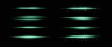 Yeşil yatay ışık demetlerinin toplanması. Parıltı, parıltı ve ince parçacık etkileri. Koyu arkaplanda parlak çizgiler ve ışıltı, vurgulama ve yoğunluk eklemek için ideal
