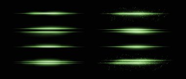 Parıltılı, parıltılı ve ince parçacık efektli kırmızı yatay ışık demetlerinin toplanması. Koyu arkaplanda parlak çizgiler ve ışıltı, vurgulama ve yoğunluk eklemek için ideal