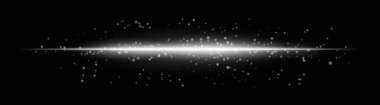 Parlayan parçacıklar ve yumuşak ışıltı efektleriyle yoğun beyaz yatay ışık demeti. Karanlık bir arkaplanda parlak bir ışık çizgisi, fütürist bir parıltı eklemek için ideal