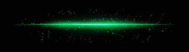 Parlayan parçacıklar ve yumuşak parıltı efektleriyle yoğun yeşil yatay ışık demeti. Karanlık bir arkaplanda parlak bir ışık çizgisi, fütürist bir parıltı eklemek için ideal
