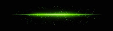 Parlayan parçacıklar ve yumuşak parıltı efektleriyle yoğun yeşil yatay ışık demeti. Karanlık bir arkaplanda parlak bir ışık çizgisi, fütürist bir parıltı eklemek için ideal
