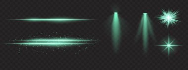 Yeşil ışık efektleri ayarlandı. Parlak çizgiler, ışıltılar, spot ışıkları, parlak yıldız patlamaları, sıcak aydınlatma, dekoratif parçacıklar, aydınlatma, soyut modern ışıklandırma.
